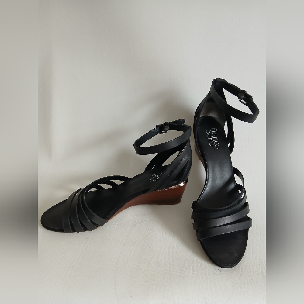 Franco Sarto Black Leather Open Toe Women's 2" Wedge Shoes Sz8.5M Ankle Strap